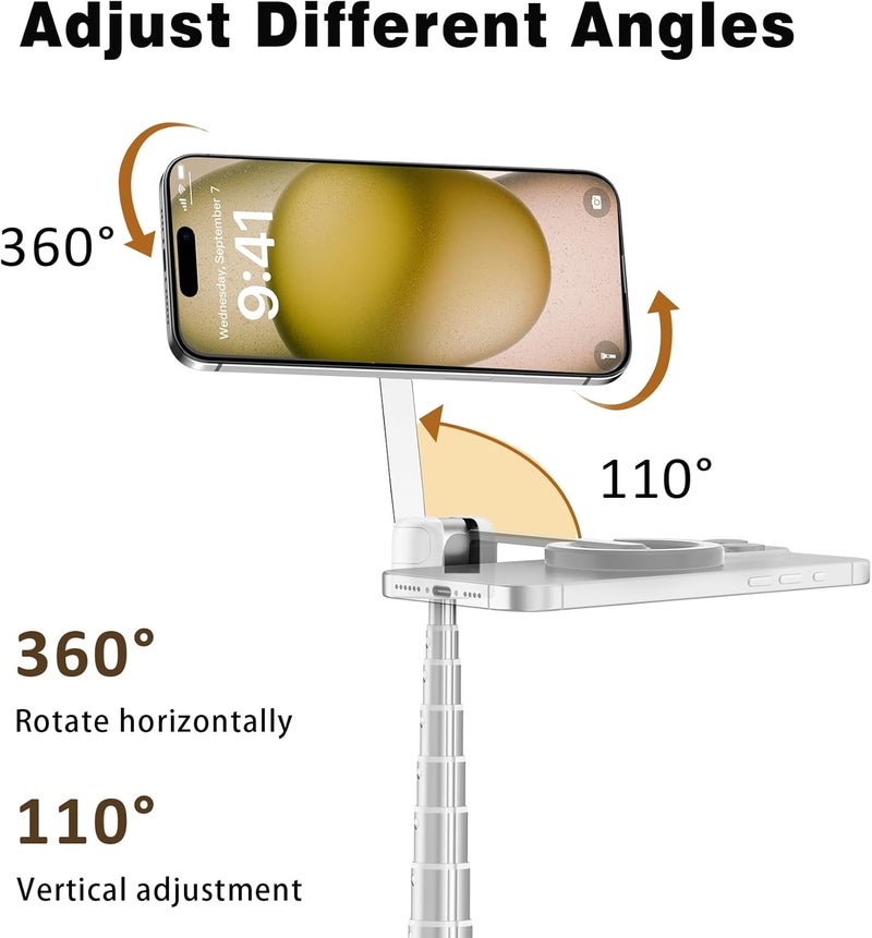 TONEOF حامل ثلاثي القوائم مع عصا سيلفي مغناطيسية بطول 68 بوصة مع حامل مغناطيسي قوي من الألمنيوم لماغسيف، حامل هاتف للسفر قابل للدوران 360° مع حلقة معدنية وجهاز تحكم عن بعد قابل لإعادة الشحن لهواتف آيفون/أندرويد (أبيض) - Image 5